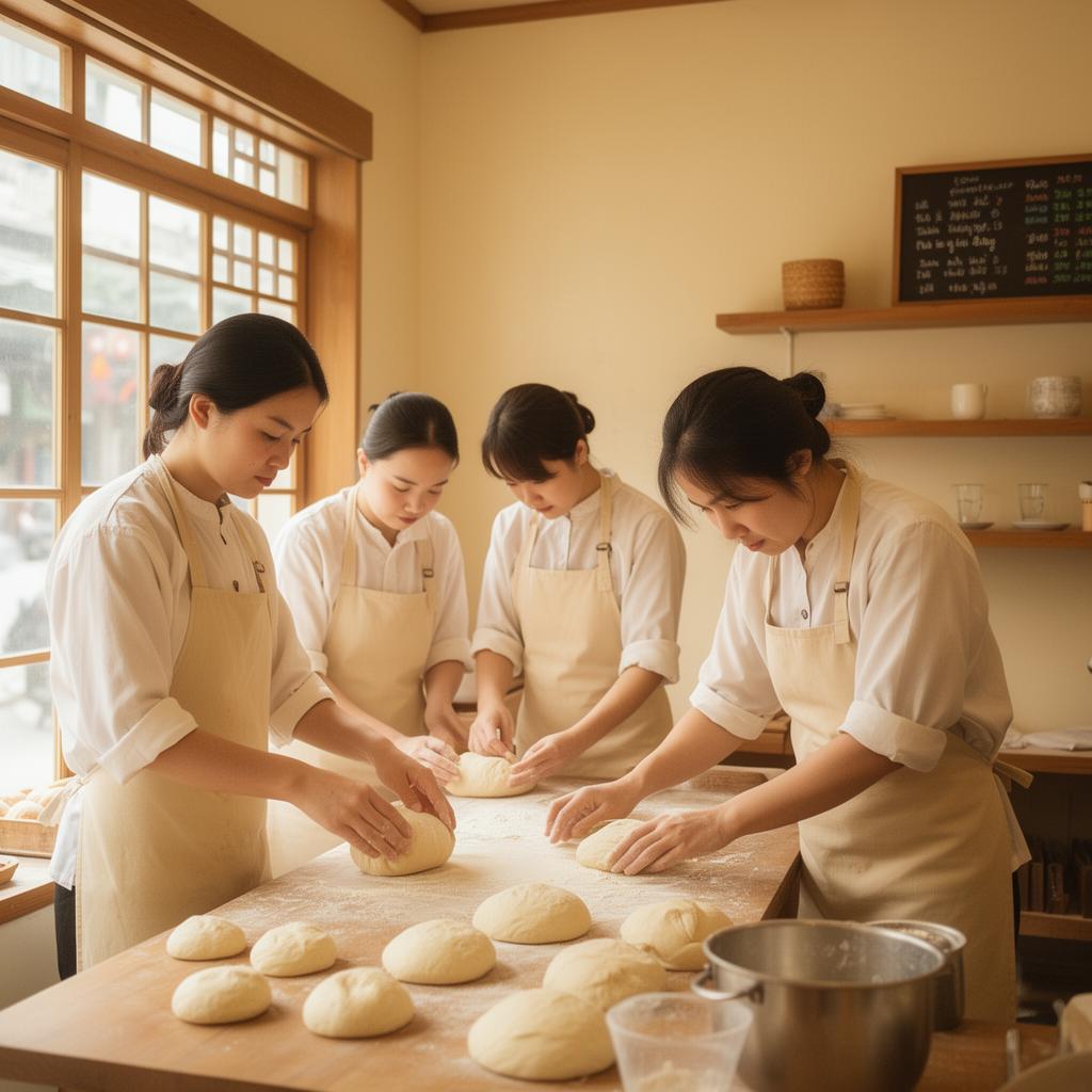 Our bakers shaping dough at Neko Pan